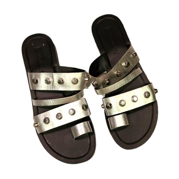 ASOS DESIGN Freewheel premium leather studded toe loop sandals in silver | 6 - Picture 1 of 8